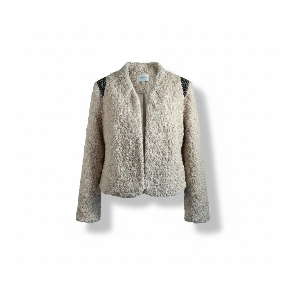 Miss Me Womens Faux Fur Jacket Cream Rose Swirl Sequin Paisley MDJ089L Small